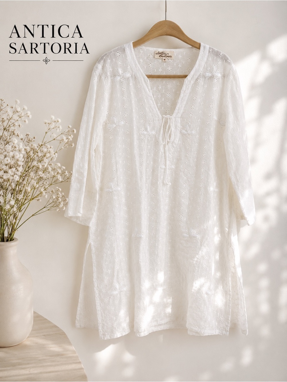 antica sartoria white embroidered 100% cotton gauze tunic dress boho size m